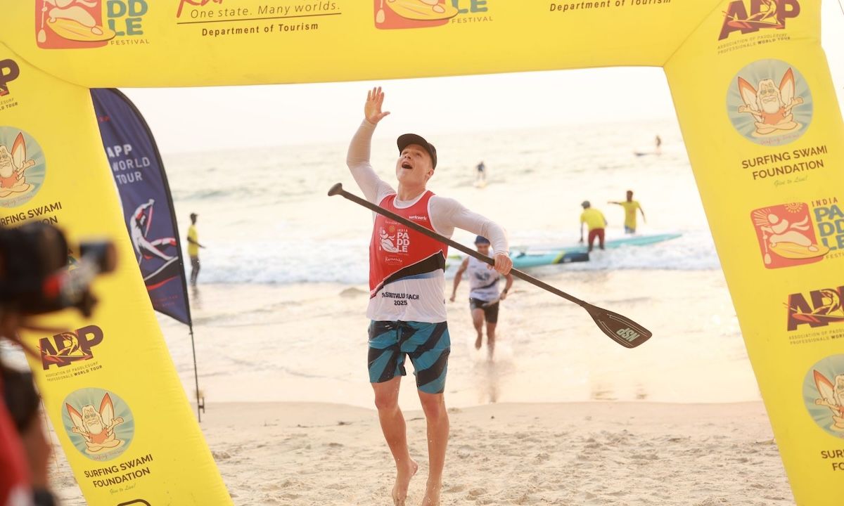 Christian Andersen takes victory in the sprint racing of the 2025 India Paddle Festival riding an inflatable board. | Photo courtesy: APP World Tour