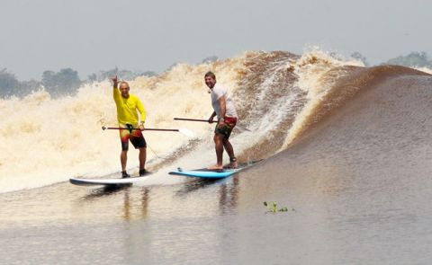 Paddle Boarding Tidal Bore, Sumatra, Indonesia