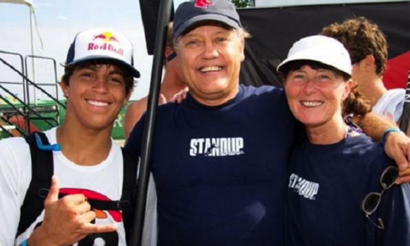 Standup Journal co-publishers Clay &amp; Joyce with Kai Lenny, 2011 Rainbow Sandals Gerry Lopez Battle of the Paddle. | Photo: Harry Wiewel