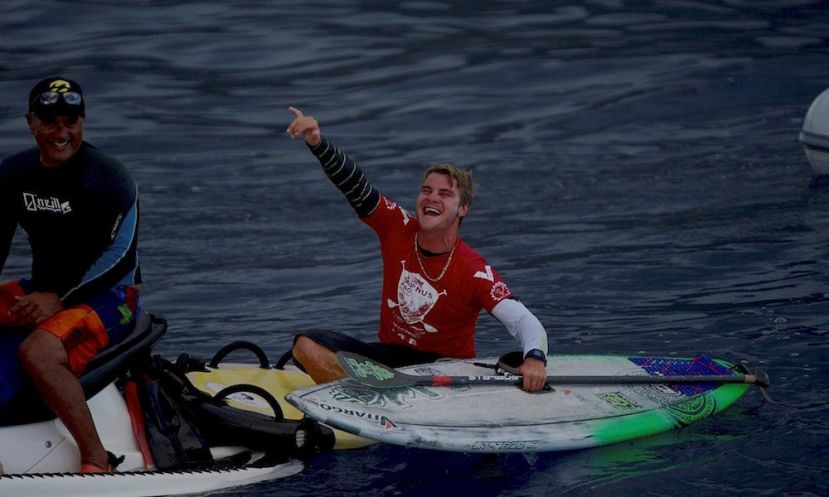 Zane Schweitzer, celebrating his win at the 2015 Sapinus Pro Tahiti. | Photo Courtesy: Waterman League