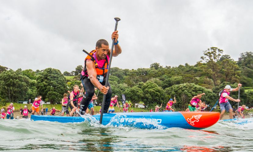 Daniel Kereopa looking fierce during the NZ SUP Nationals. | Photo: Georgia Schofield