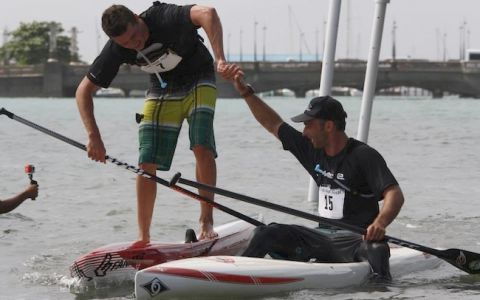  Jake Jensen congratulates Long Distance Paddle winner, Erric Terrien | Photo Phillipe Alexander  