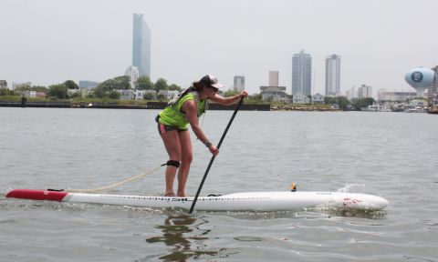 Louanne Harris of New York City paddles her way to winning the 22-mile race at in the 18-49-year-old women’s standup paddle board 14-foot category with a time of 4:48:51 at the 11th annual Dean Randazzo Cancer Foundation Paddle For A Cause Saturday, June 9 at Golden Nugget Atlantic City. | Photo:  Michael Wright/Sparkable